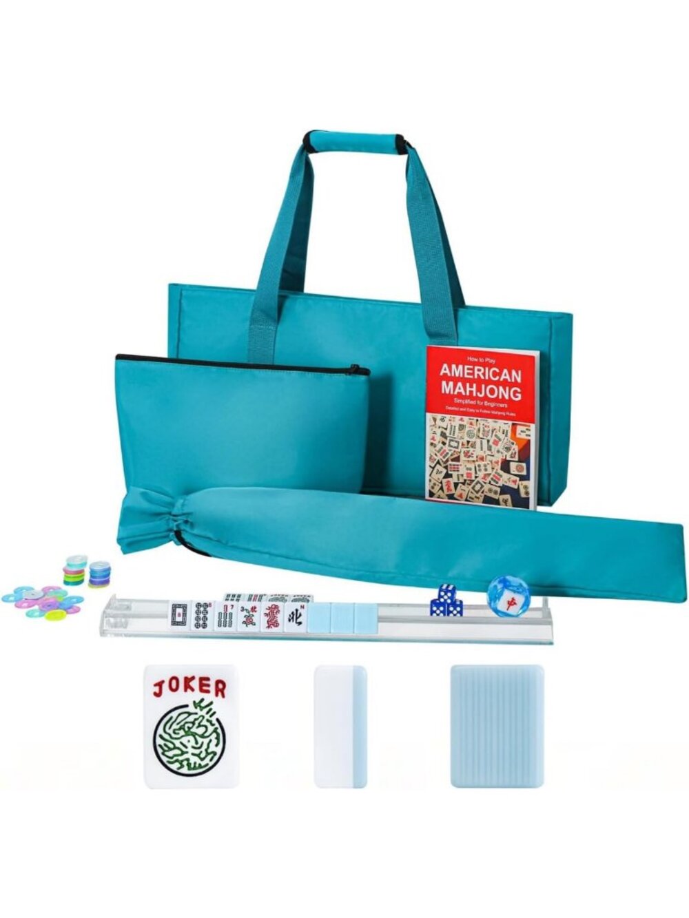 Complete Mahjong Game Set with 166 Blue Tiles, Accessories & 4 Transparent Racks